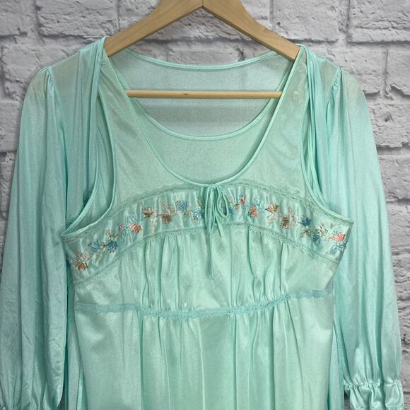 Vintage Texsheen Peignoir Nightgown Set Teal Blue Size M Shiny Long Floral 60/70 - Picture 8 of 14